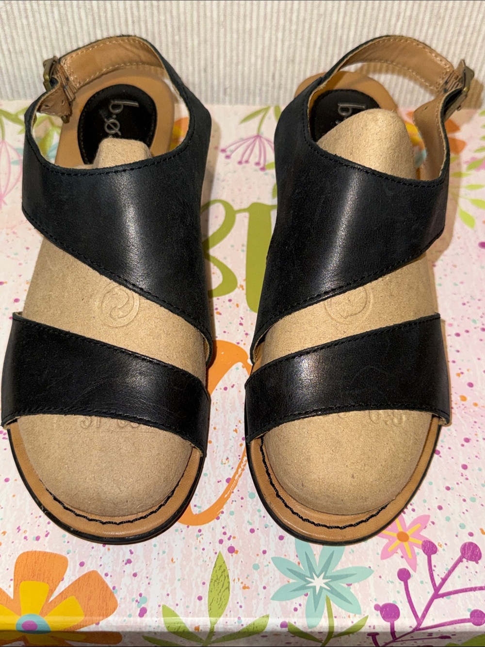 b.o.c. Black Leather Crisscross Slingback Wedge Sandals